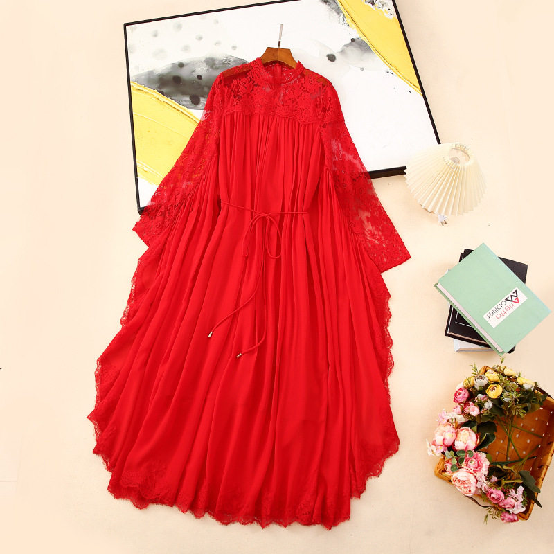 女大红色旅拍时髦垂感柞蚕丝长裙