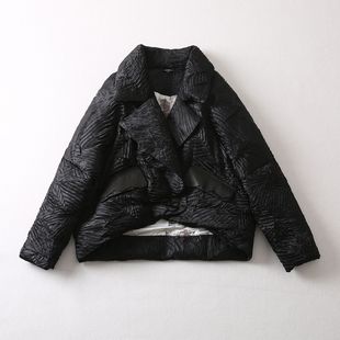 秋冬新款大码短装褶皱羽绒服女街头欧美风蝙蝠袖宽松版白鸭绒外套