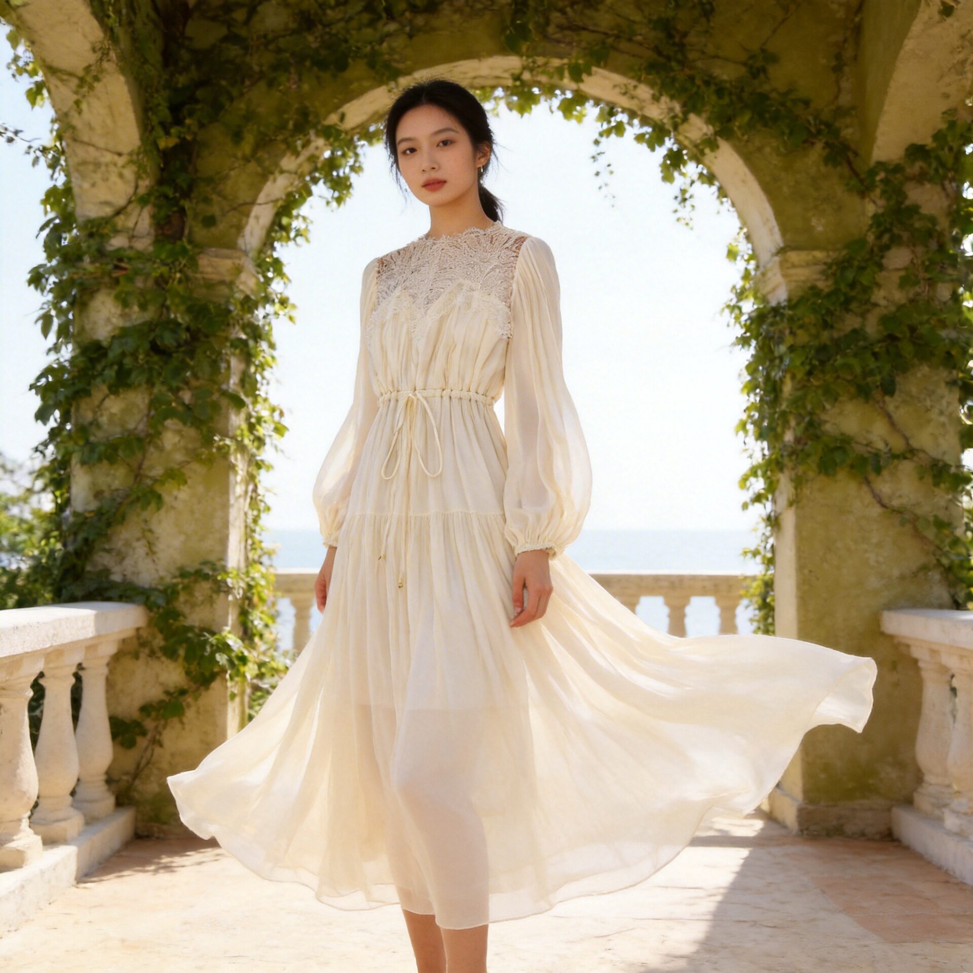 春季优雅轻奢复古柞蚕丝高腰a字裙女蕾丝拼接灯笼长袖红色连衣裙