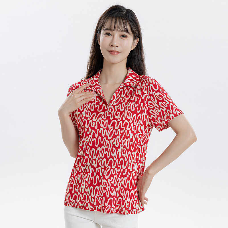 真丝翻领T恤女式夏季桑蚕丝针织宽松大码时尚印花短袖上衣妈妈装