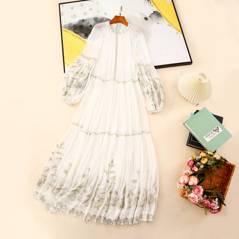 女度假风10%柞蚕丝长裙