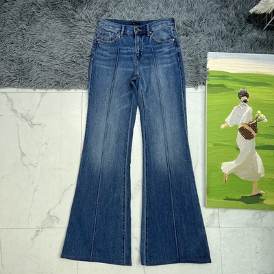 E家低腰蓝色直筒微喇阔腿牛仔裤秋季不贴腿无弹显瘦拖地喇叭长裤