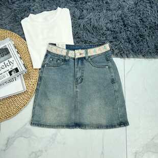 素浅色高腰a字牛仔半身裙短裙 韩女气质简约国风元 内衬防走光