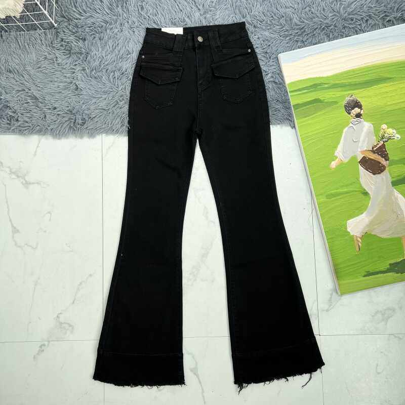 黑色弹力高腰毛边工装裤喇叭裤秋