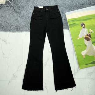风格 巨爱 高腰显瘦黑色弹力毛边工装 裤 秋 喇叭裤 时髦街头风