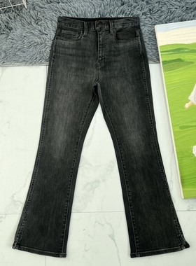 日系P家小个子～高腰弹力显瘦黑灰色开叉微喇叭牛仔裤九分裤女装