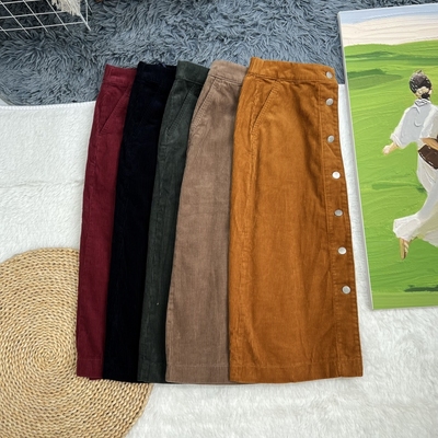 显瘦显腿长系列 试衣间松紧腰中长款灯芯绒高腰半身裙前排扣女裙