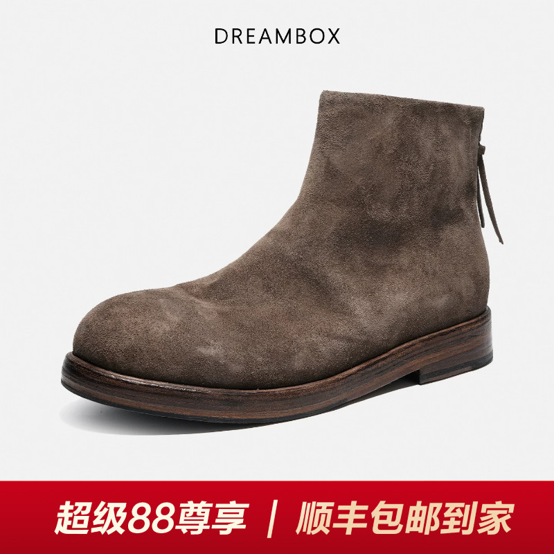 DREAMBOX钧博石洗马皮时尚百搭舒适皮靴手工后拉链英伦风男士靴子