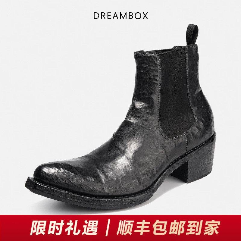DREAMBOX钧博水洗马皮高跟男靴暗黑风尖头皮靴手工固特异切尔西靴