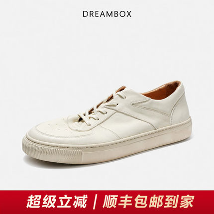 DREAMBOX钧博石洗马皮百搭小白鞋2026新款软皮舒适透气休闲板鞋