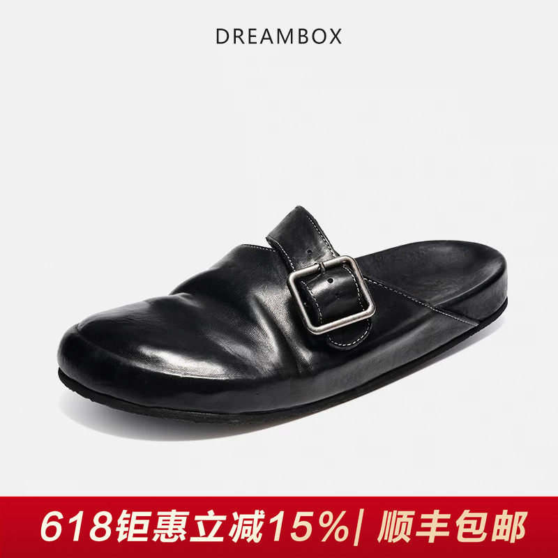 DREAMBOX钧博水洗马皮透气包头拖凉鞋男懒人一脚蹬软底勃肯鞋