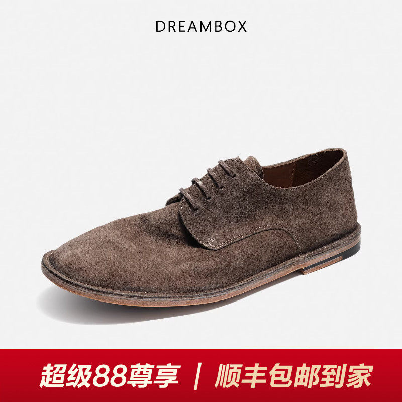 DREAMBOX钧博石洗马皮轻便透气休闲皮鞋2026春夏新款薄底德比鞋