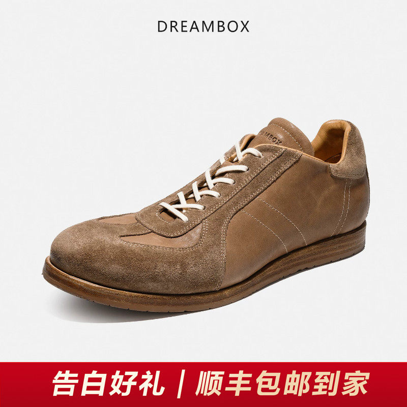 DREAMBOX钧博水洗马皮德训鞋纯手工平底运动休闲板鞋软底透气男鞋
