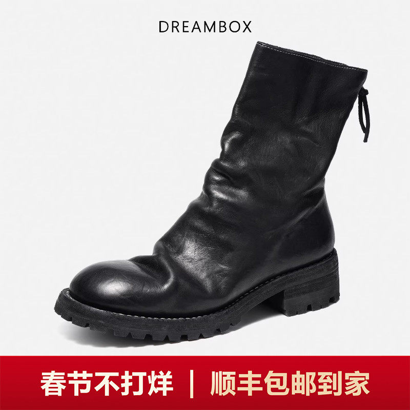 DREAMBOX钧博男靴水洗马皮后拉链倒靴2026新款固特异厚底英伦皮靴
