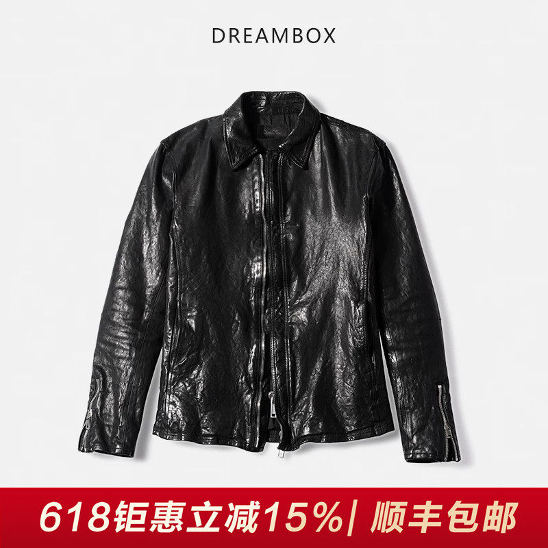 DREAMBOX钧博水洗做旧马皮翻领皮衣阿美咔叽中短款机车皮夹克外套
