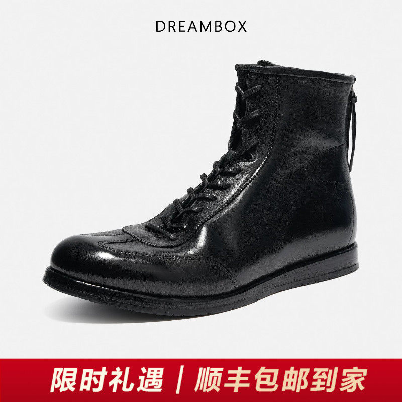 DREAMBOX钧博石洗马皮高帮德训鞋平底舒适马丁靴英伦复古手工男鞋