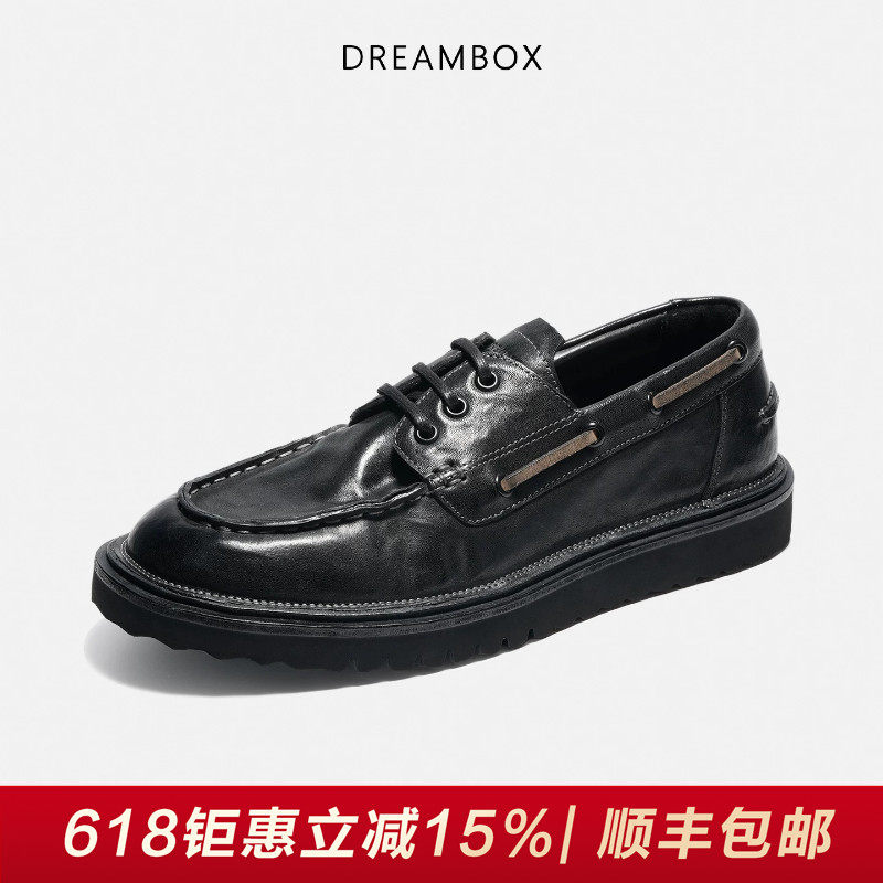 DREAMBOX钧博石洗马皮男士休闲皮鞋意大利XL发泡底复古英伦帆船鞋
