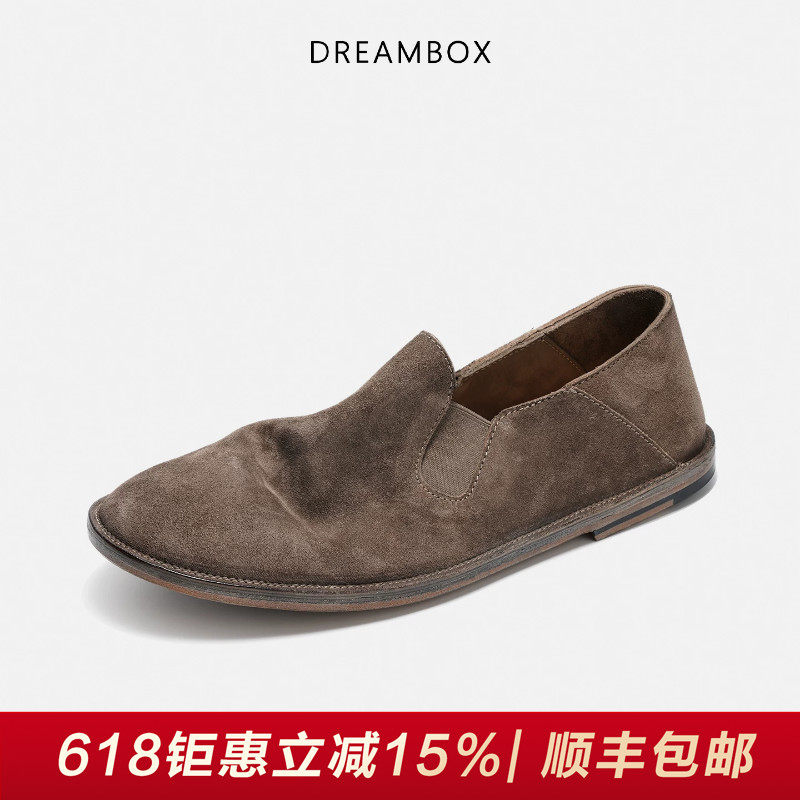 DREAMBOX钧博石洗马皮透气一脚蹬懒人鞋春夏老钱薄款软皮乐福鞋