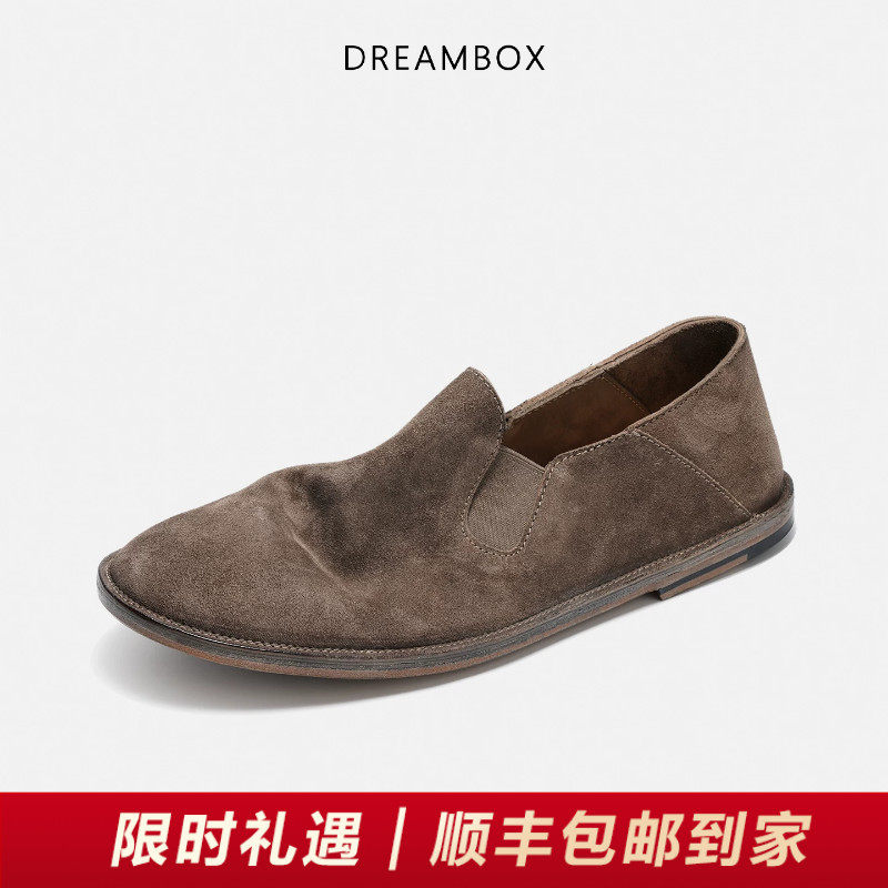 DREAMBOX钧博石洗马皮透气一脚蹬懒人鞋春夏老钱薄款软皮乐福鞋