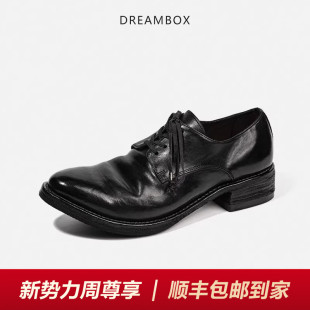 DREAMBOX钧博春季新款水洗马皮休闲皮鞋手工固特异男士尖头德比鞋