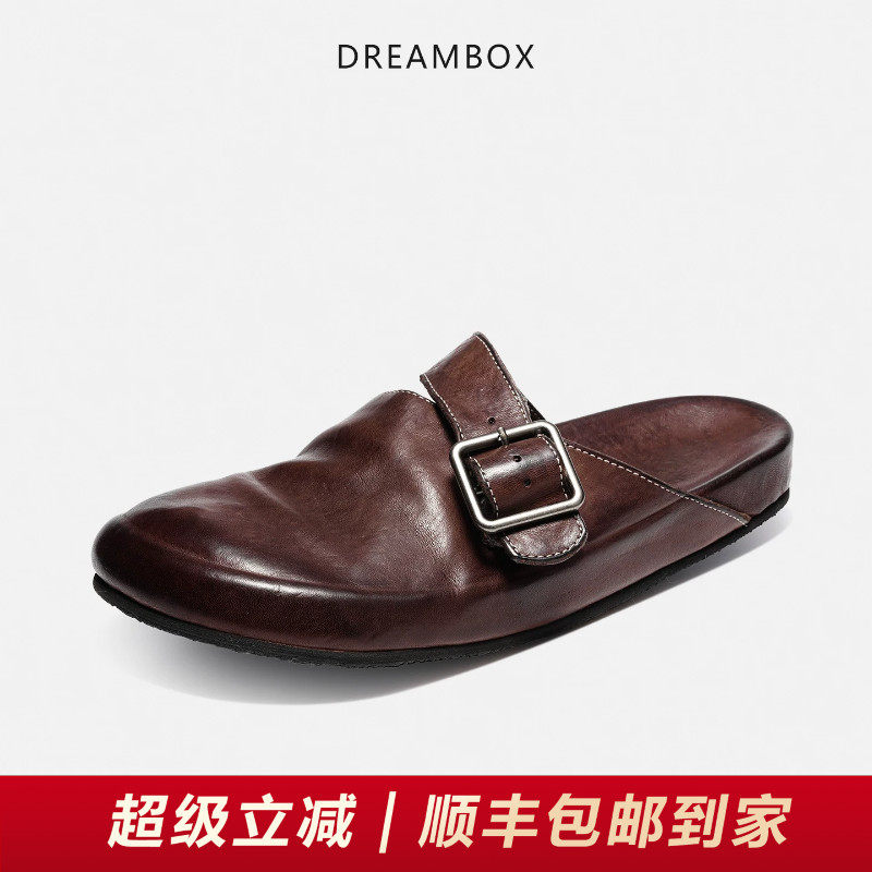 DREAMBOX钧博水洗马皮透气勃肯鞋夏季新款懒人一脚蹬包头拖凉鞋