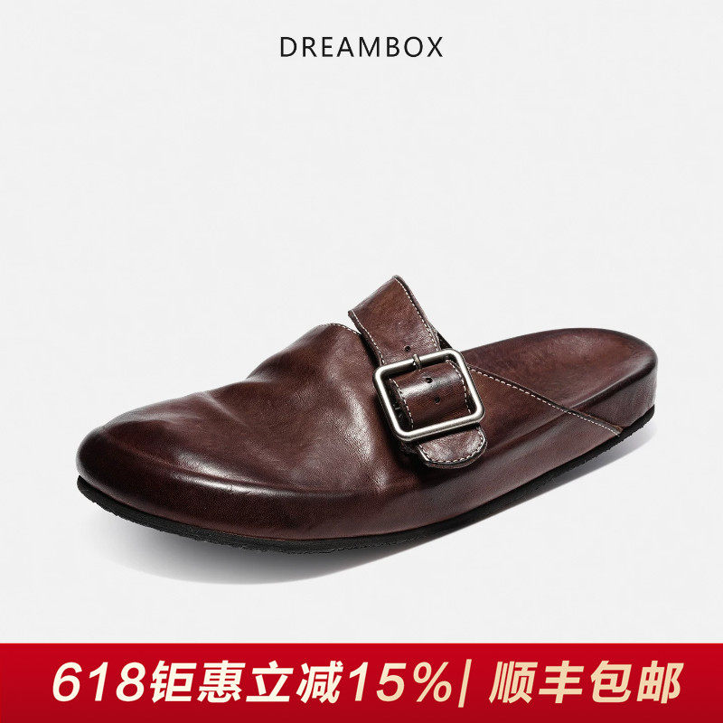 DREAMBOX钧博水洗马皮透气勃肯鞋夏季新款懒人一脚蹬包头拖凉鞋