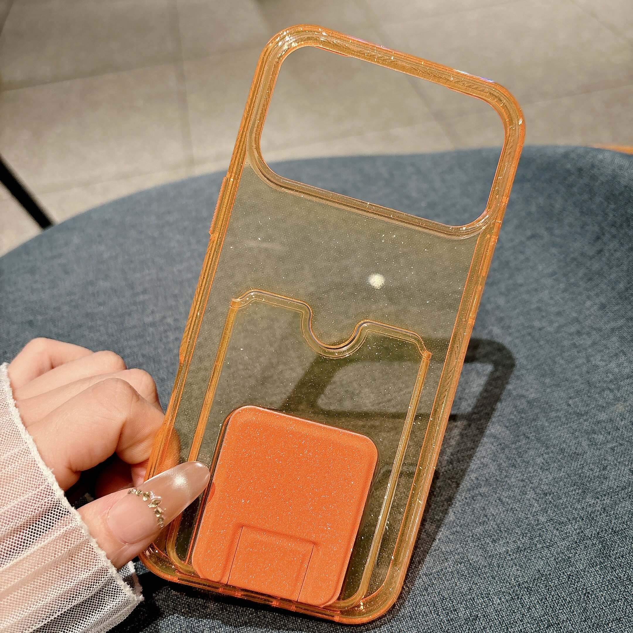 星空闪粉卡包适用苹果17promax手机壳橙色带卡套Air折叠支架iPhone16可插卡15plus放卡14pro透明13pm硅胶卡夹