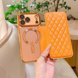 高级感橙色带卡包适用苹果17Air手机壳17Promax翻盖皮套iPhone16pro磁吸13插卡15plus雅盾小香风14防摔12创意