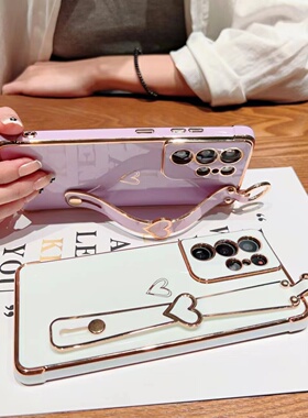 Galaxys23ultra爱心手腕机壳软壳三星三星s20FE护套女款s21保手电镀A53GalaxyA525G防摔适用腕带S22plus支架