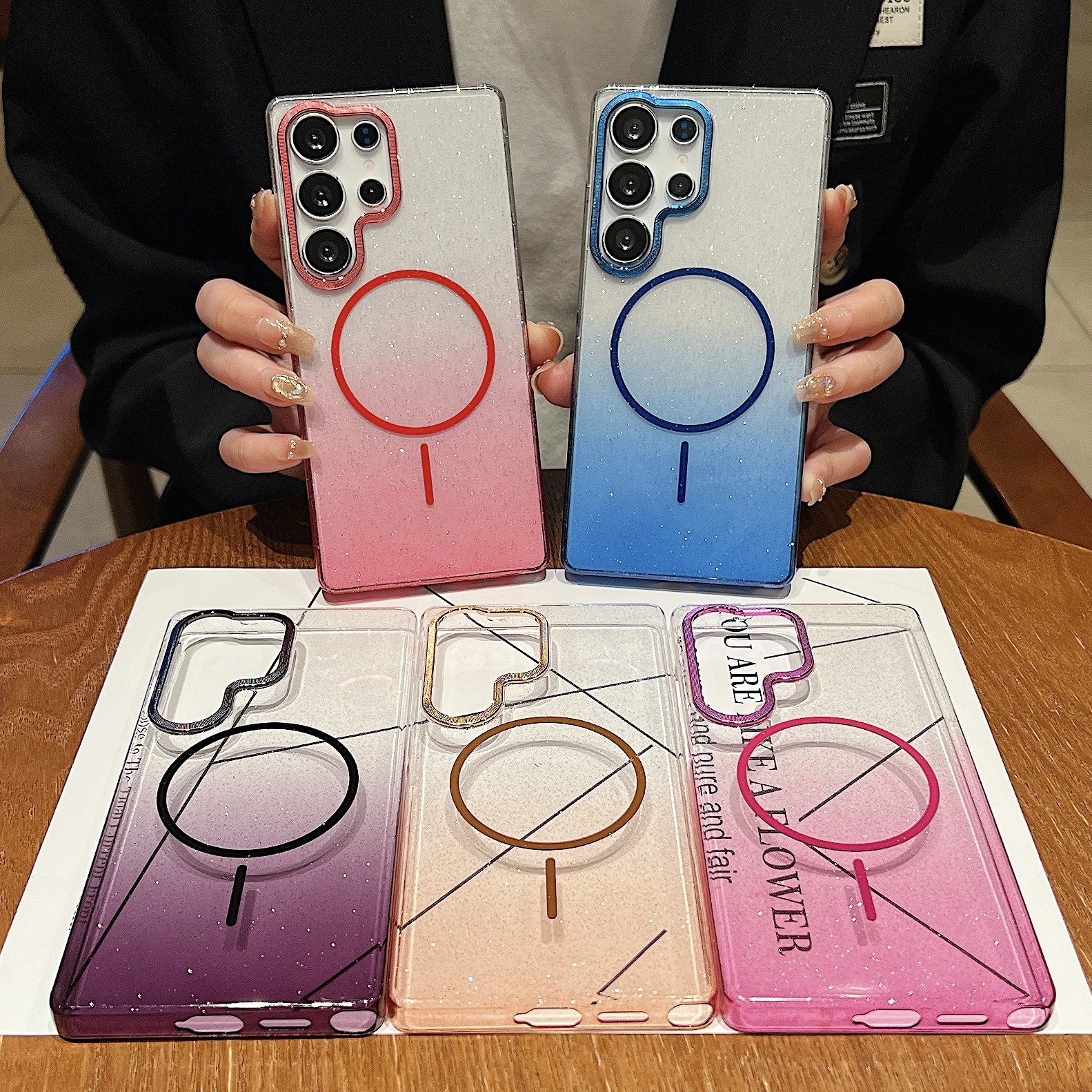 金钻闪粉细圈磁吸硬壳适用三星S25EDGE手机壳SAMSUNG透明s22ultra渐变S25plus防摔s24+保护套GalaxyS23FE创意