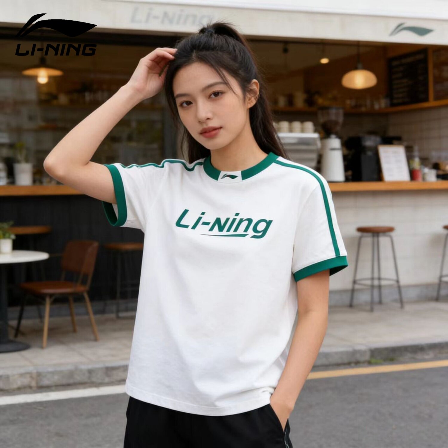 李宁圆领运动短袖T恤女款26夏季新款白色棉质撞色宽松百搭套头衫