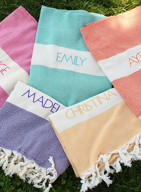 刺绣定制菱形格沙滩巾吸水速干亲肤柔软毛巾大披肩浴巾沙滩巾