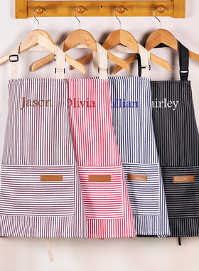 刺绣定制棉麻条纹耐脏挂脖围裙家用餐厅厨房烘焙围腰工作围裙