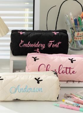 刺绣定制蝴蝶结笔袋大容量便携学生收纳袋桌面收集高颜值文具盒