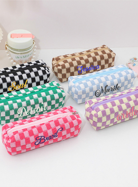 刺绣定制大容量针织笔袋ins棋盘格高颜值学生文具盒学生简约笔袋