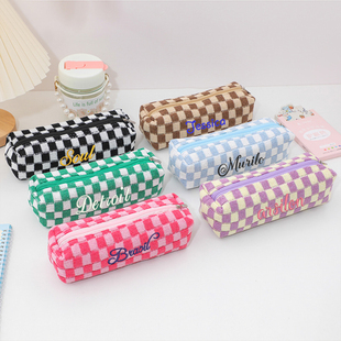 刺绣定制大容量针织笔袋ins棋盘格高颜值学生文具盒学生简约笔袋