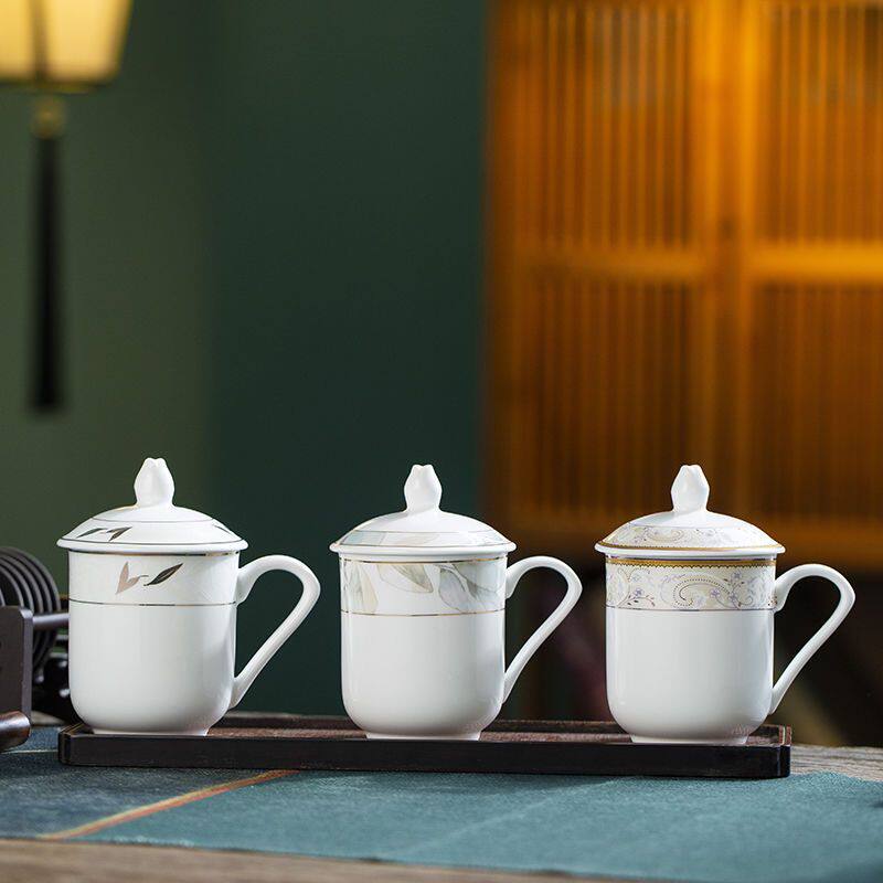 陶瓷茶杯景德镇带盖酒店宾馆办公室会议杯子主人家用直身泡茶水杯