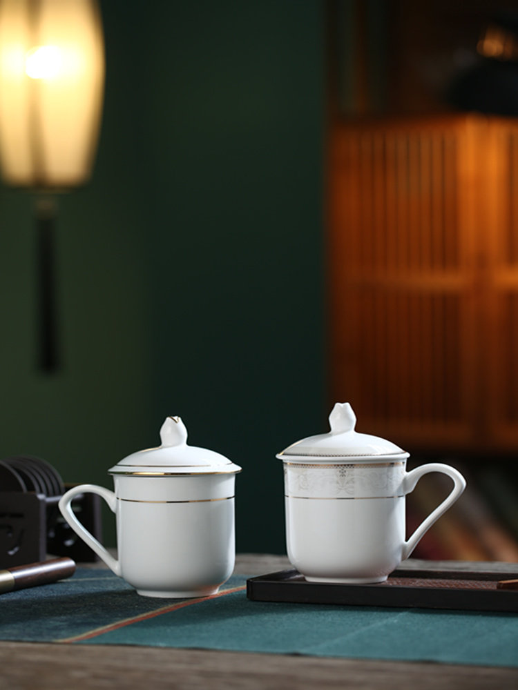 景德镇陶瓷茶杯带把盖酒店宾馆办公室会议主人家用泡茶马克水杯子