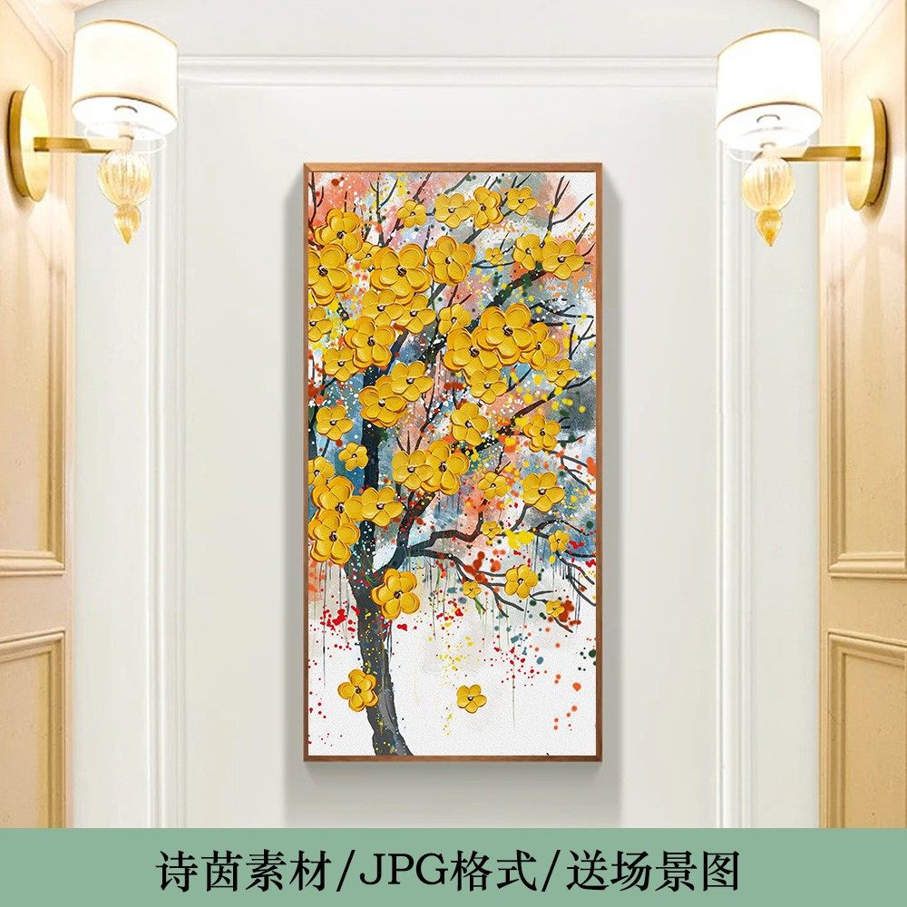 中式欧式抽象手绘浮雕发财树玄关装饰画芯高清素材图库287