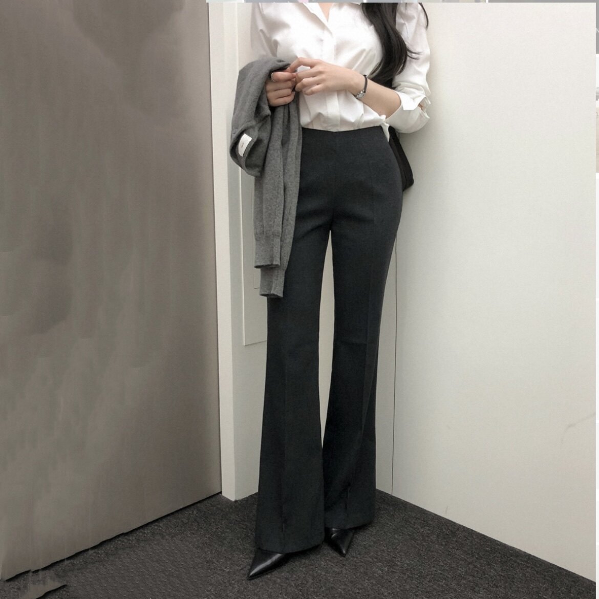 韩国reine正品高级感长裤气质女装官网代购春秋灰色工作通勤西裤