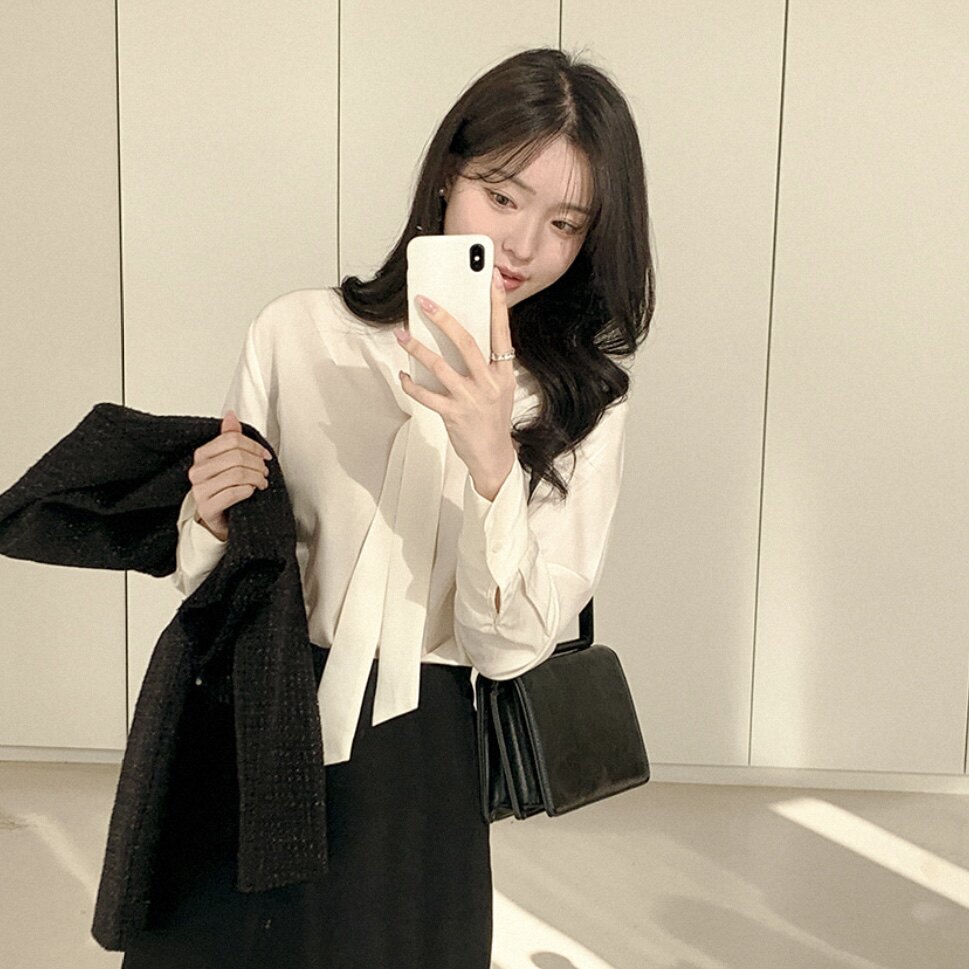 韩国正品飘带v领衬衫高品质打底上衣女reine官网代购春秋长袖衬衣