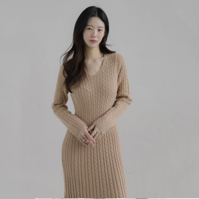 秋冬麻花纹针织连衣裙打底配大衣女正品韩国代购韩式超长款毛衣裙