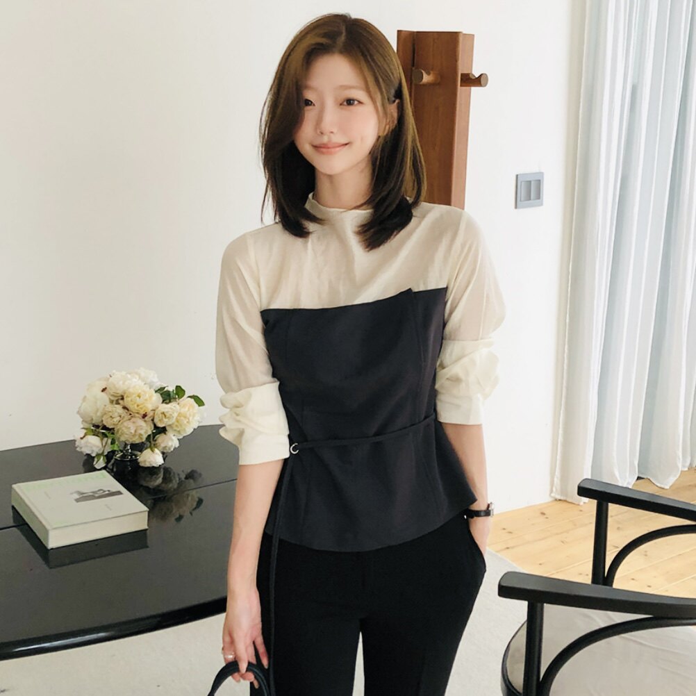 韩国正品拼色衬衫长袖高级设计感女式reine官网代购春秋小众上衣
