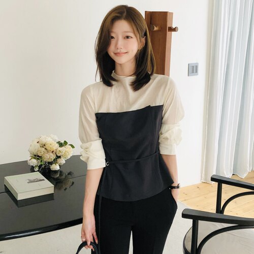 韩国正品拼色衬衫长袖高级设计感女式reine官网代购春秋小众上衣