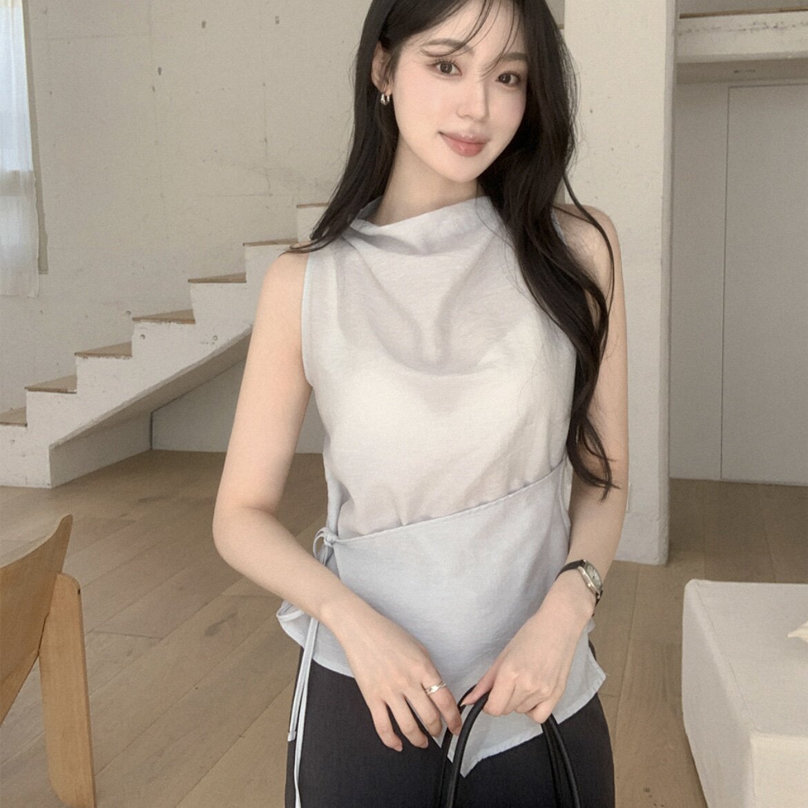韩国正品舒适透气天丝棉衬衫无袖女reine代购夏季设计感遮肉上衣