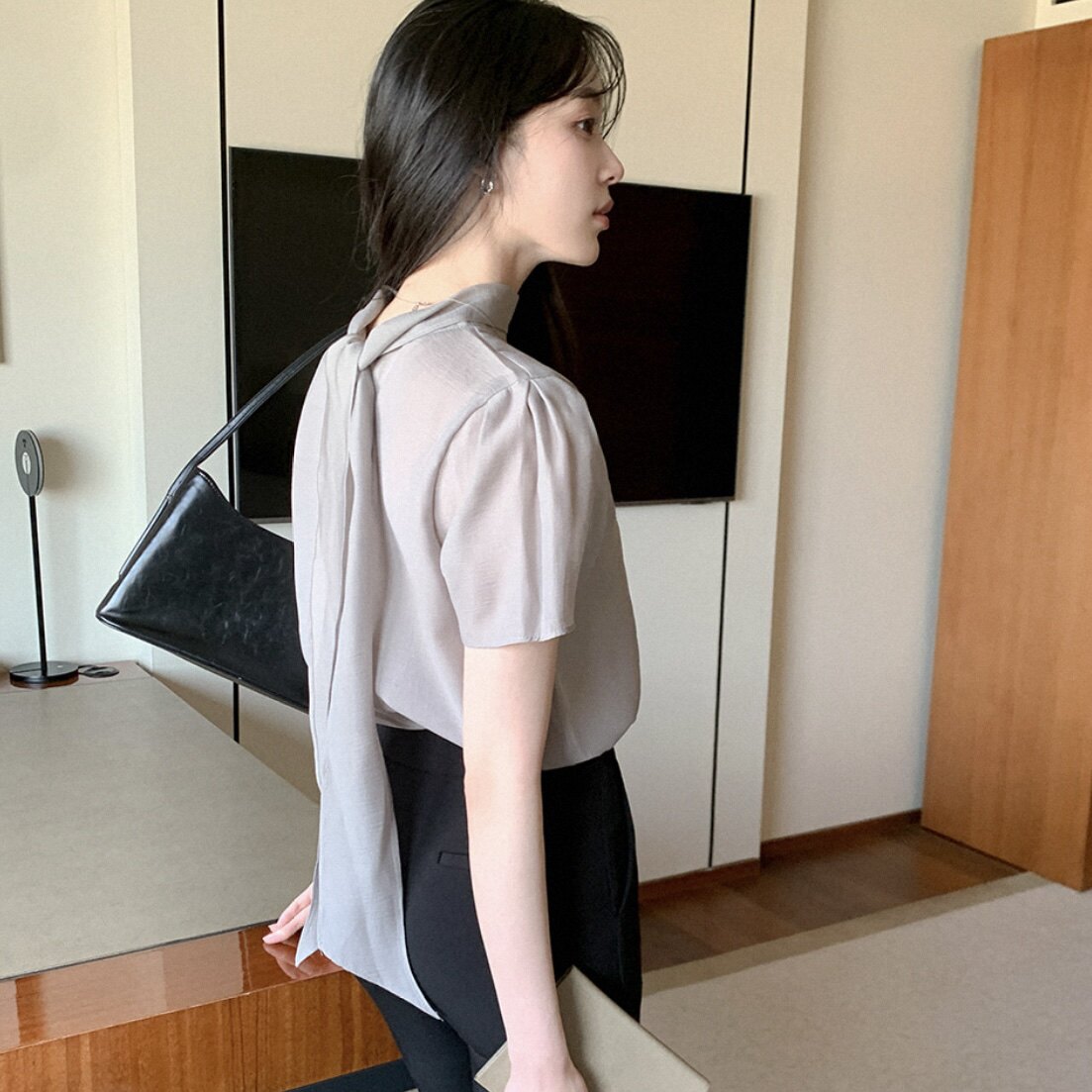 韩国官网设计感飘带衬衫短袖女装reine正品代购薄款透气舒适上衣