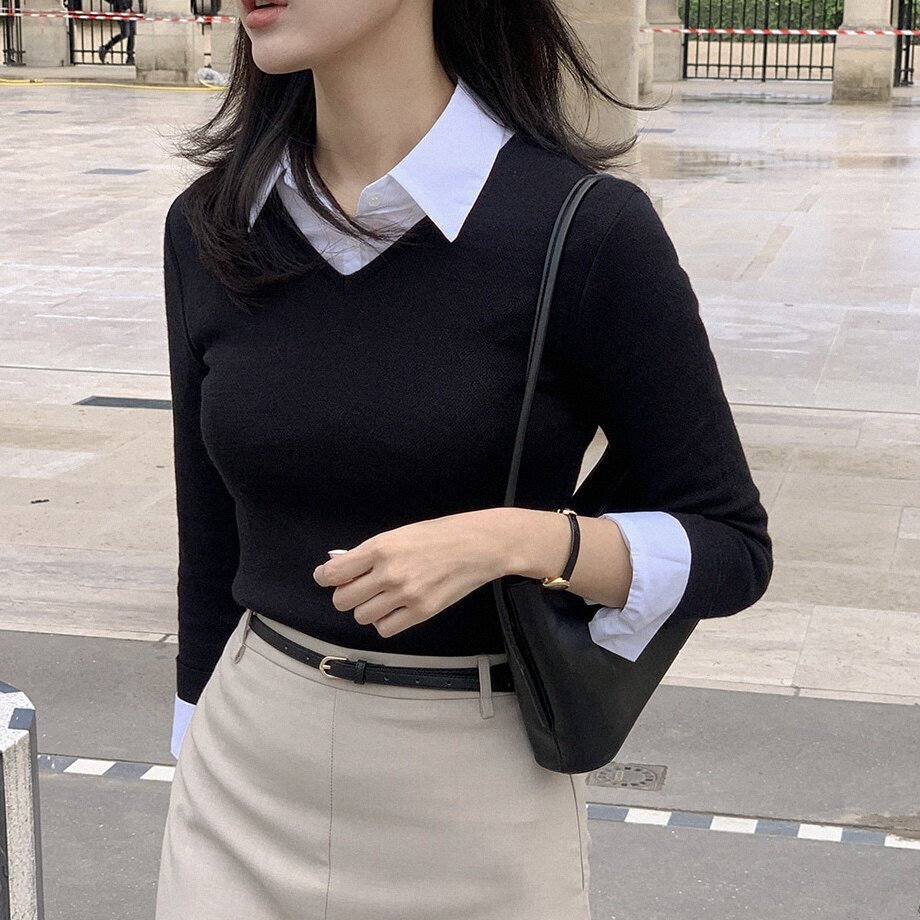 25春秋高级感衬衫领针织羊毛衫女reine正品韩国代购韩式好看上衣