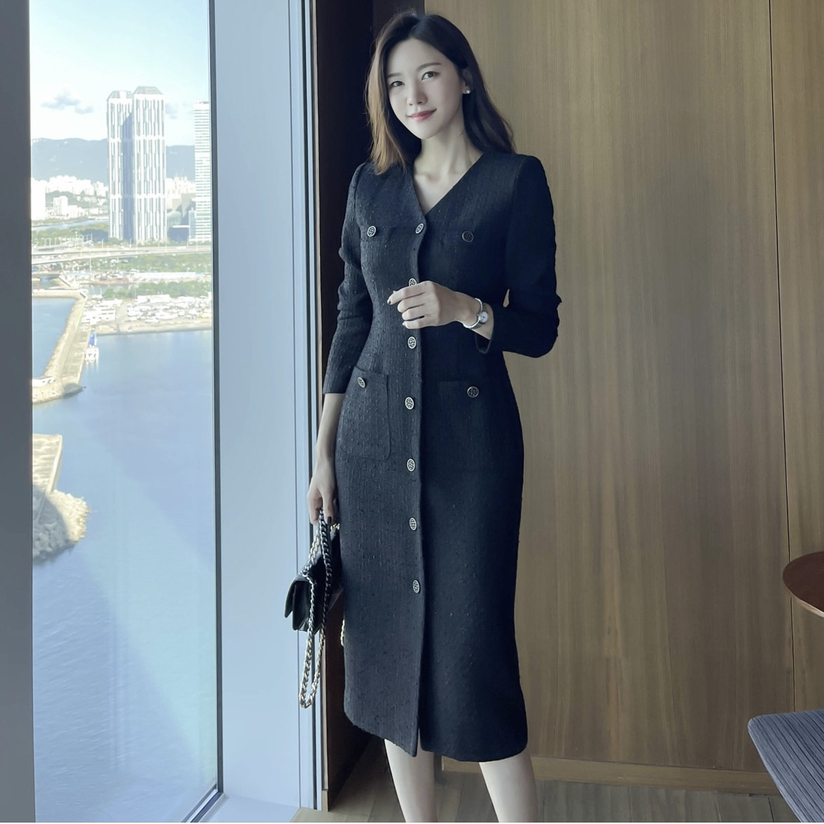 秋冬厚粗花呢v领连衣裙女正品韩国代购高级感优雅知性气质西装裙