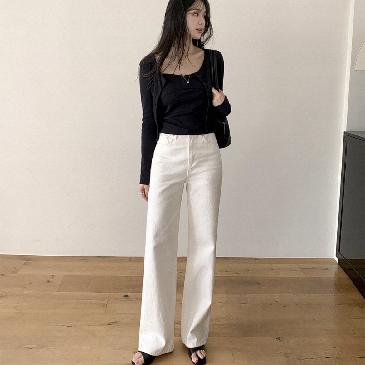 韩国正品夏季棉质休闲长裤直筒女版reine正品代购中高腰黑色裤子