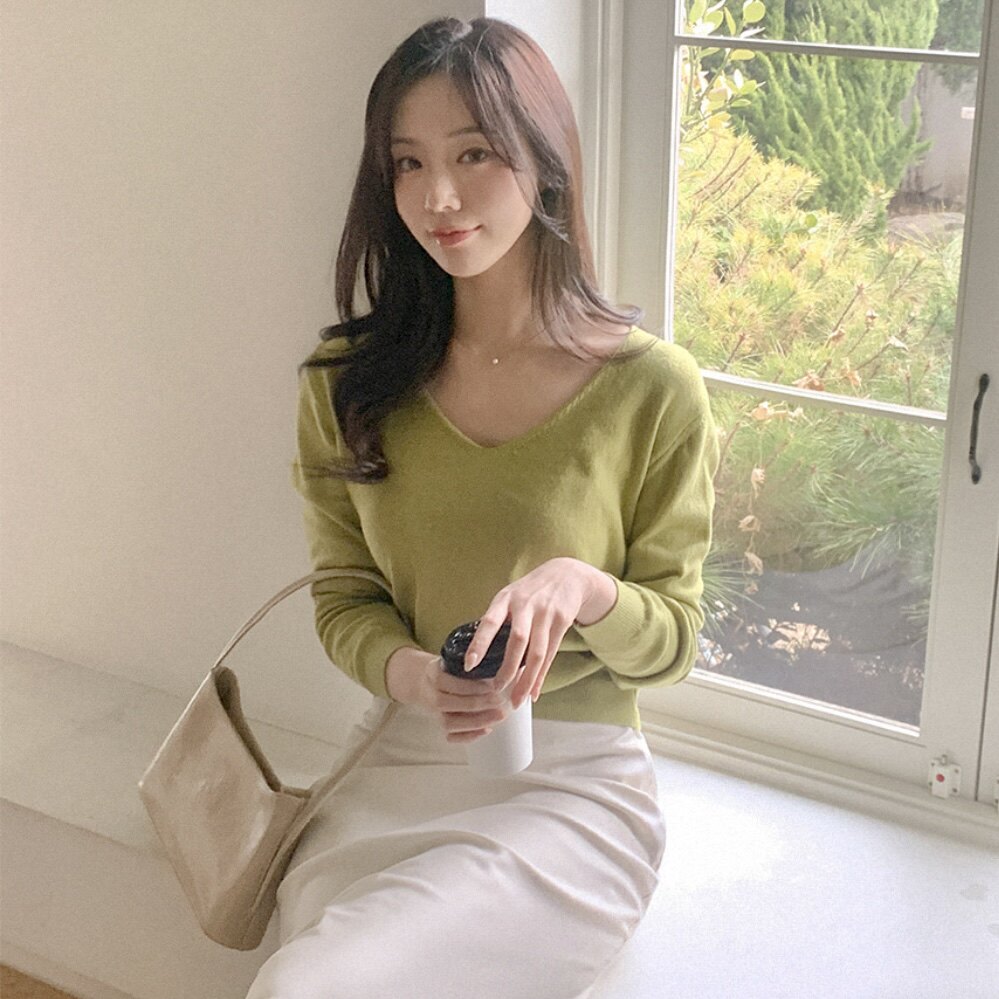 26春季韩式v领针织衫套头女装reine正品韩国代购短款薄毛衣配裙子